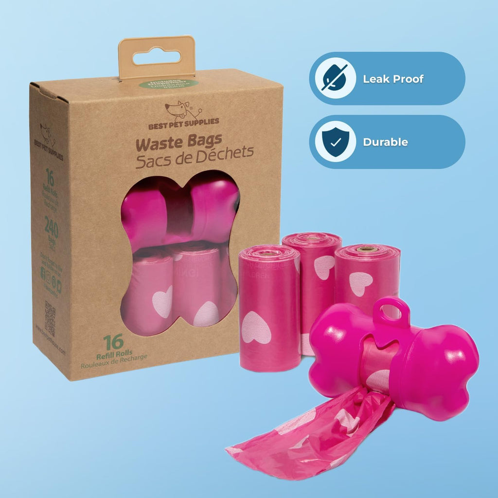 Dog Poop Bags for Waste Refuse Cleanup, Doggy Roll Replacements for Outdoor Puppy Walking and Travel, Leak Proof and Tear Resistant, Thick Plastic - Pink Heart, 240 Bags
