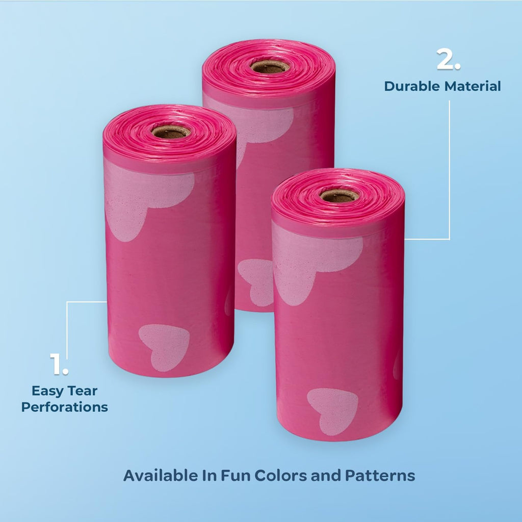 Dog Poop Bags for Waste Refuse Cleanup, Doggy Roll Replacements for Outdoor Puppy Walking and Travel, Leak Proof and Tear Resistant, Thick Plastic - Pink Heart, 240 Bags