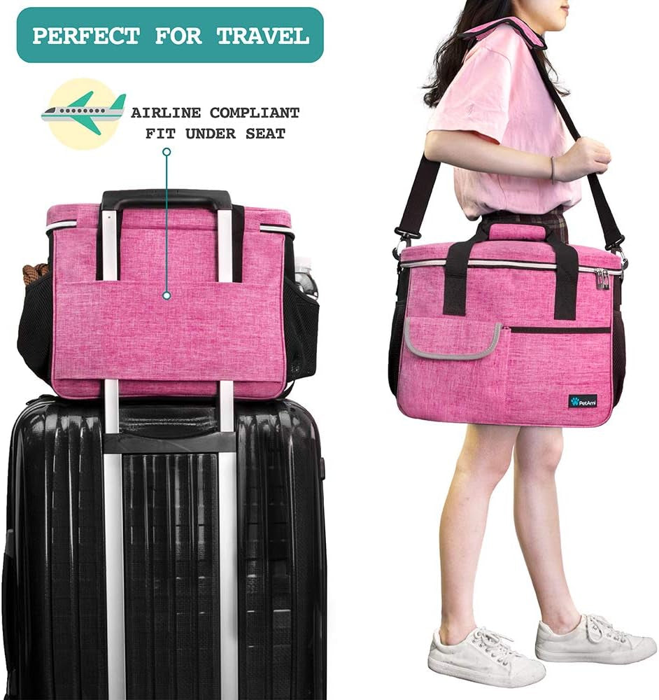 Dog Travel Bag Organizer, Pet Travel Kit with 2 Food Containers & 2 Collapsible Dog Bowls, Pet Supplies Tote with Luggage Sleeve, Weekend Road Trip Camping Essentials, Pink, Medium