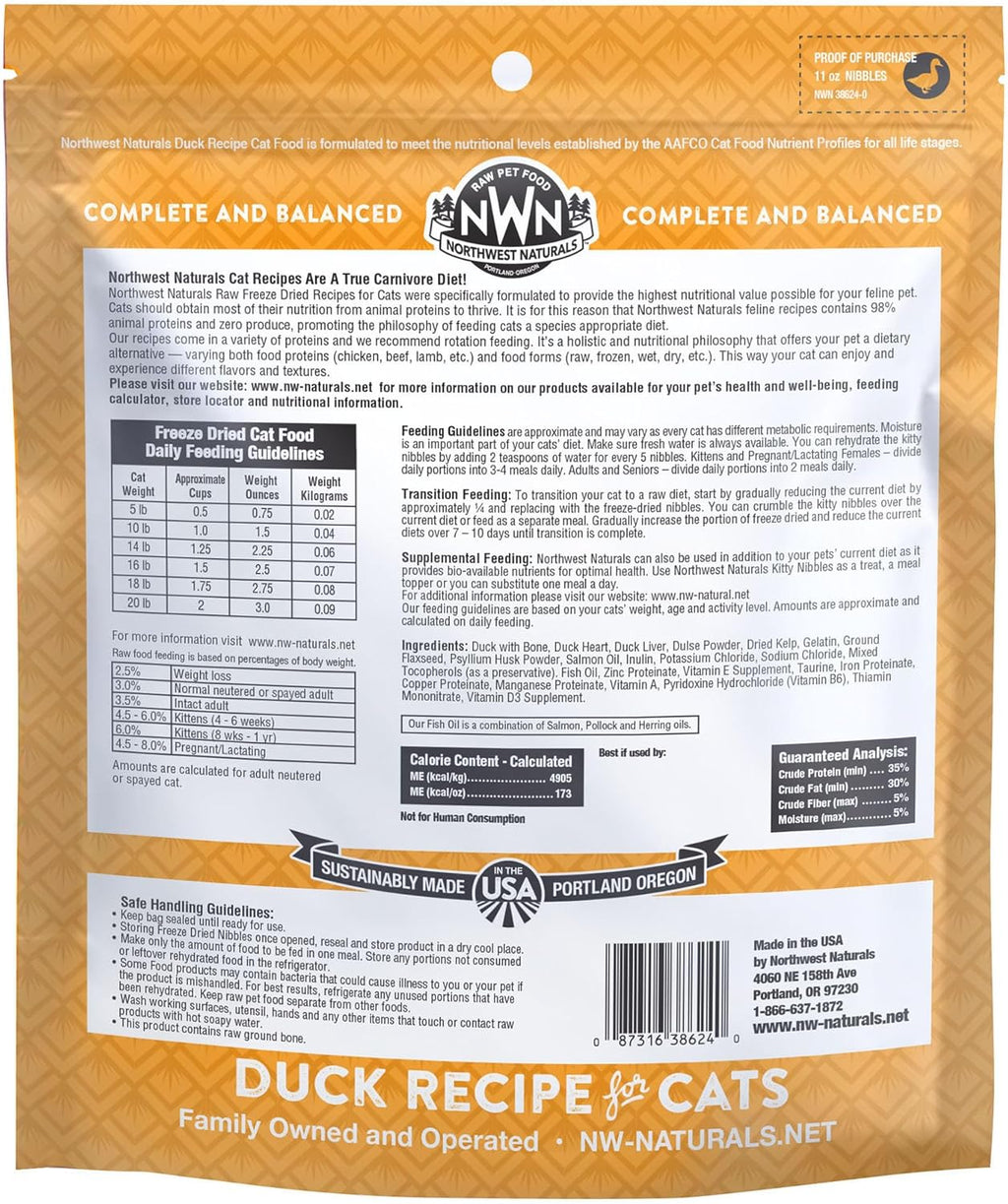 Freeze-Dried Duck Cat & Kitten Food – Bite-Sized Nibbles – Healthy, Limited, Human-Grade Ingredients, All-Natural, High-Protein – Complete & Balanced, Grain-Free – 11 Oz (Pack of 3)