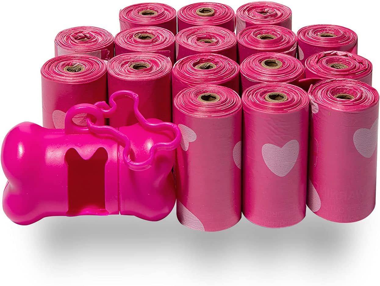 Dog Poop Bags for Waste Refuse Cleanup, Doggy Roll Replacements for Outdoor Puppy Walking and Travel, Leak Proof and Tear Resistant, Thick Plastic - Pink Heart, 240 Bags